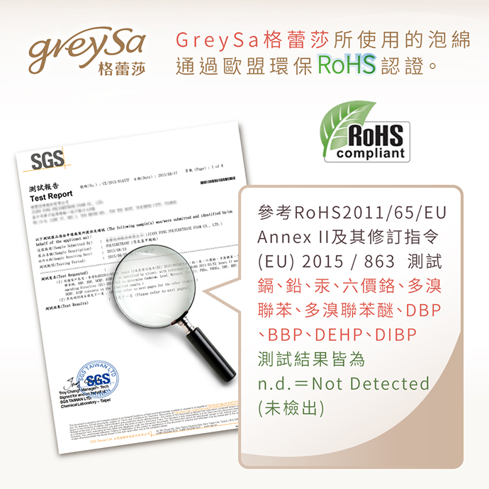 GreySa格蕾莎所使用的泡綿通過歐盟環保RoHS認證。 GreySa格蕾莎所使用的泡綿通過歐盟環保RoHS認證。