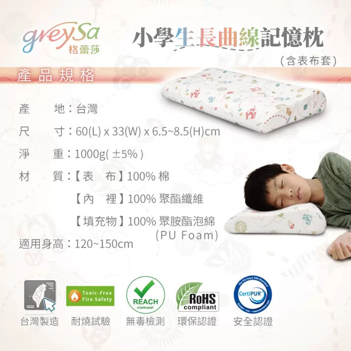 產品規格表：產地台灣、填充物PU Foam、適用身高120-150cm