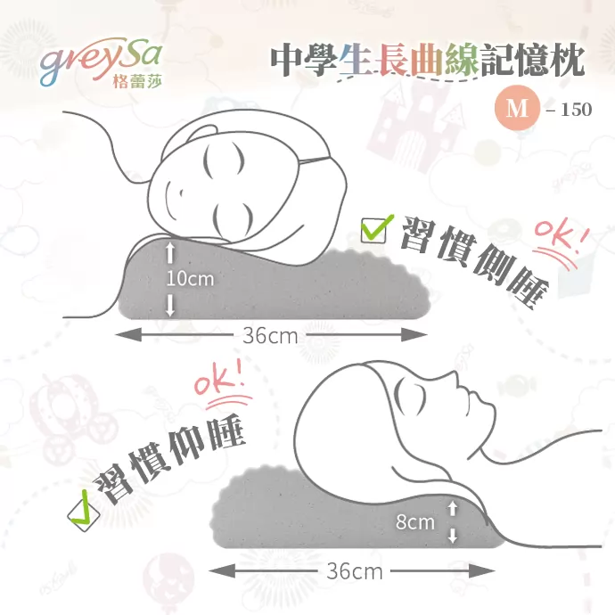 中學生長曲線記憶枕 M-150，習慣側睡、仰睡皆合適