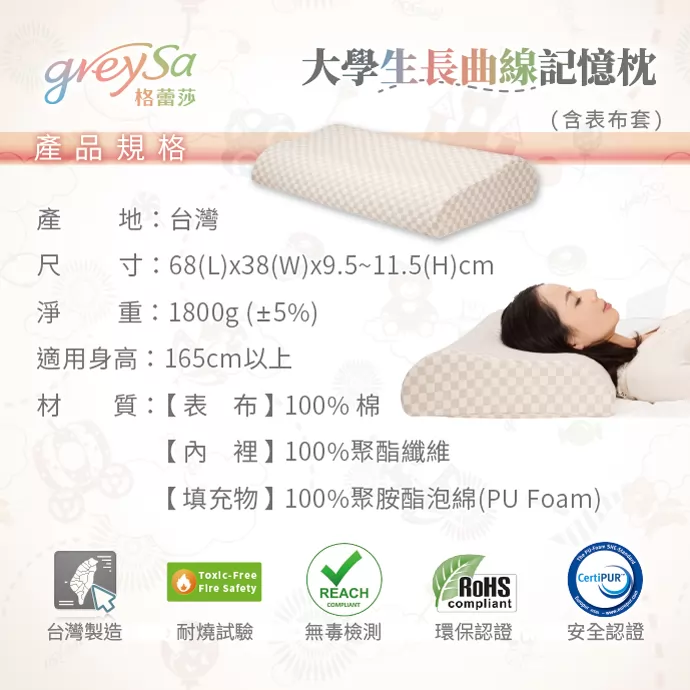 大學生長曲線記憶枕 L-165 產品規格說明